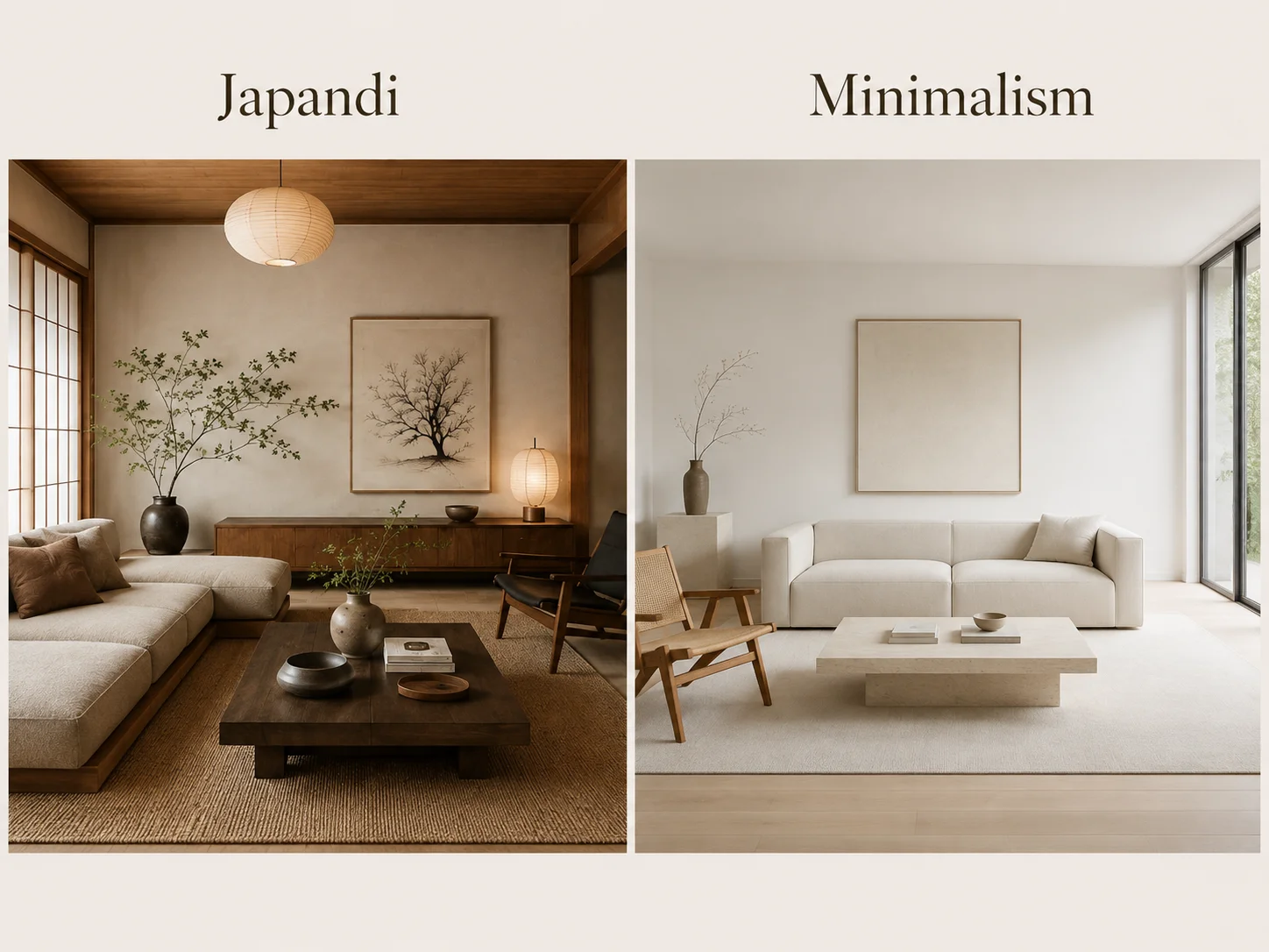 Japandi vs minimalism living room comparison showing warm natural Japandi interiors beside a clean, pared-back minimalist space