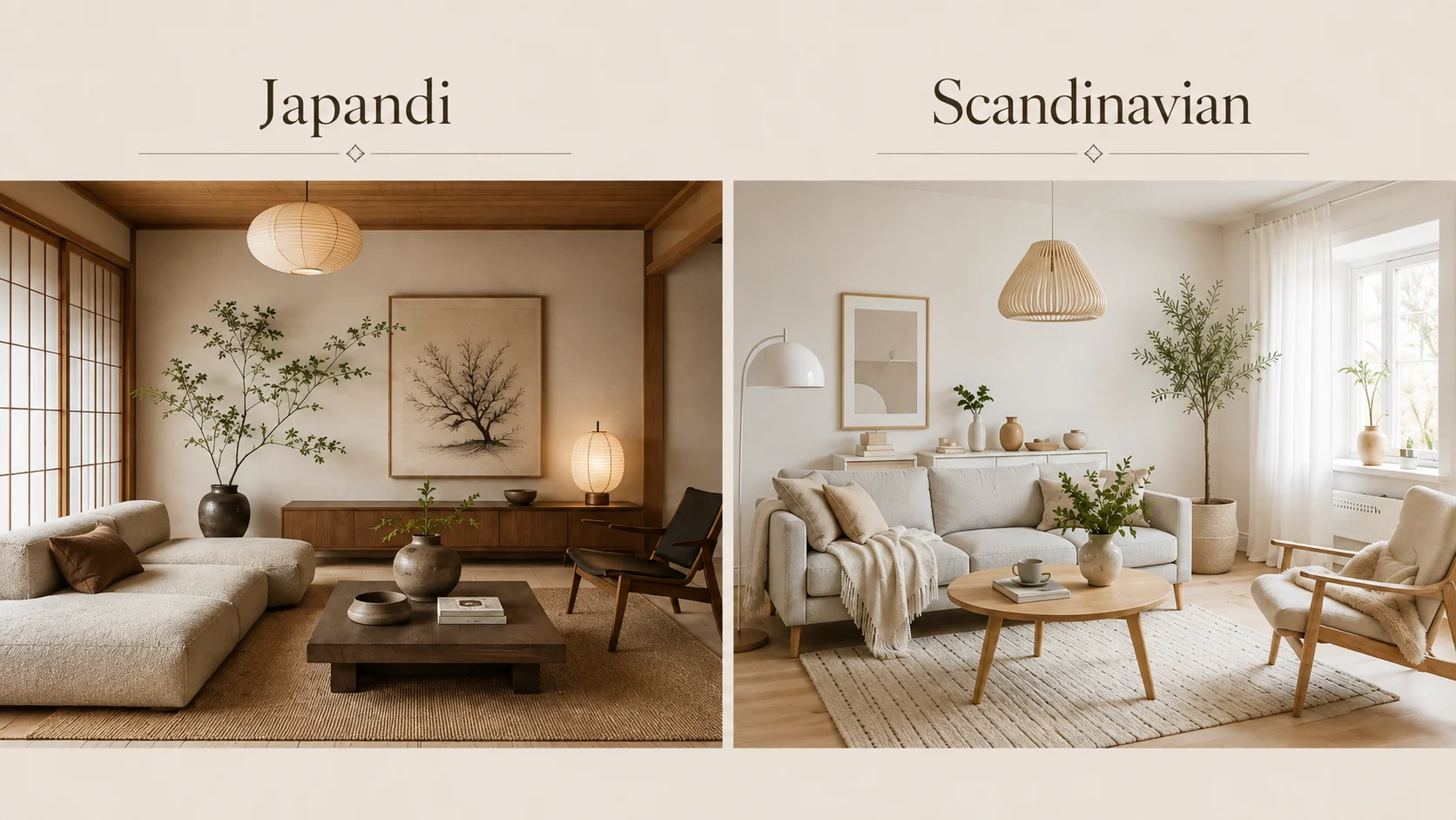 Japandi vs Scandinavian living room comparison showing warm earthy Japandi interiors beside bright light Scandinavian interiors