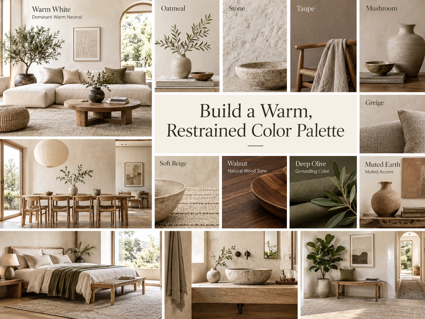 Japandi warm neutral color palette collage featuring warm white, oatmeal, stone, taupe, mushroom, greige, soft beige, walnut, deep olive and muted earth tones