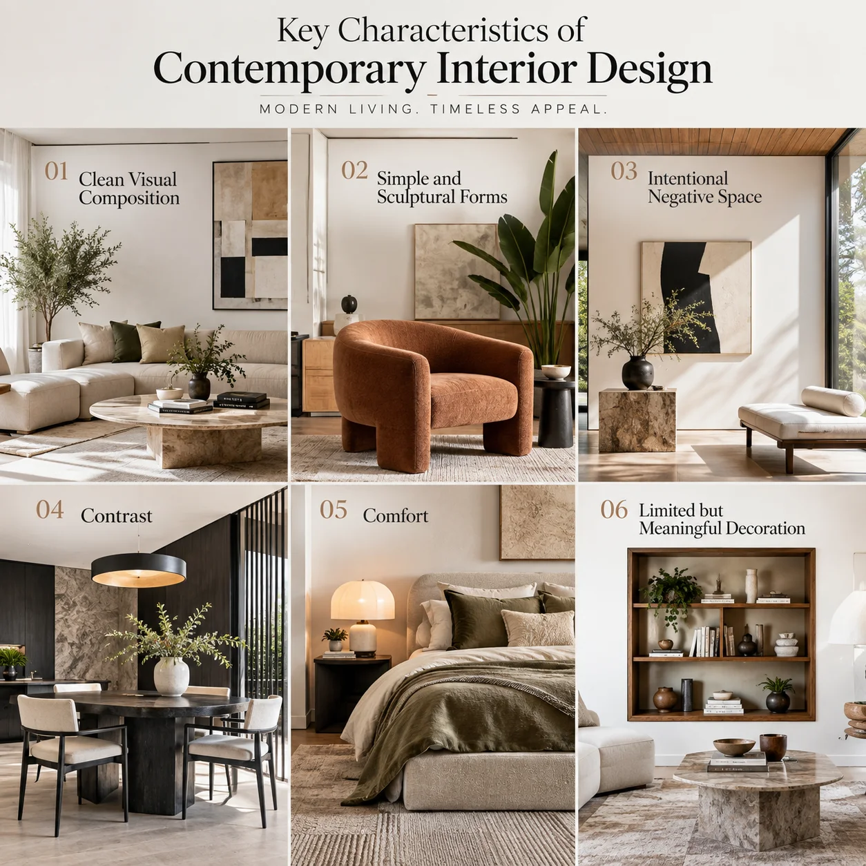 Key characteristics of contemporary interior design including clean composition, sculptural forms, negative space, contrast, comfort and meaningful decor
