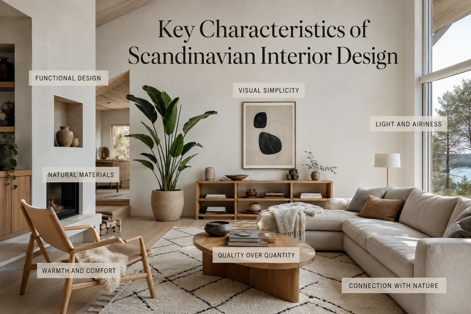 Key characteristics of Scandinavian interior design with natural materials, light-filled spaces, simple furniture, warm textures and functional decor