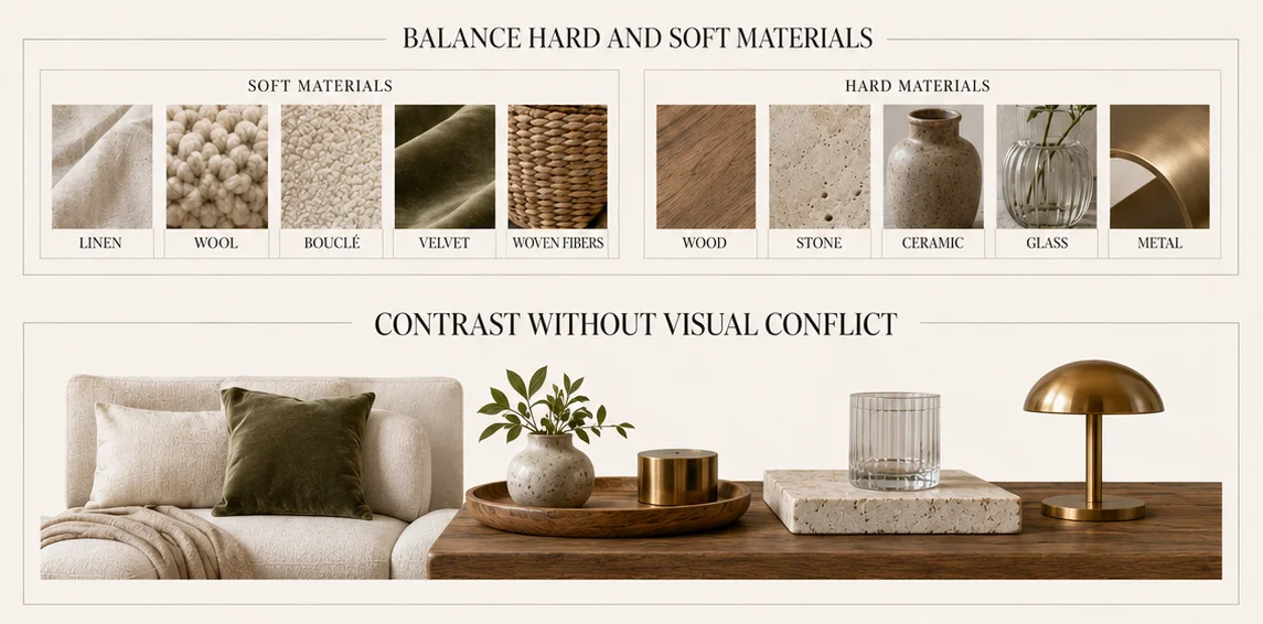 Interior design materials and texture infographic showing linen, wool, bouclé, velvet, natural wood, stone, ceramic, glass, metal and woven fibers in a layered neutral living room