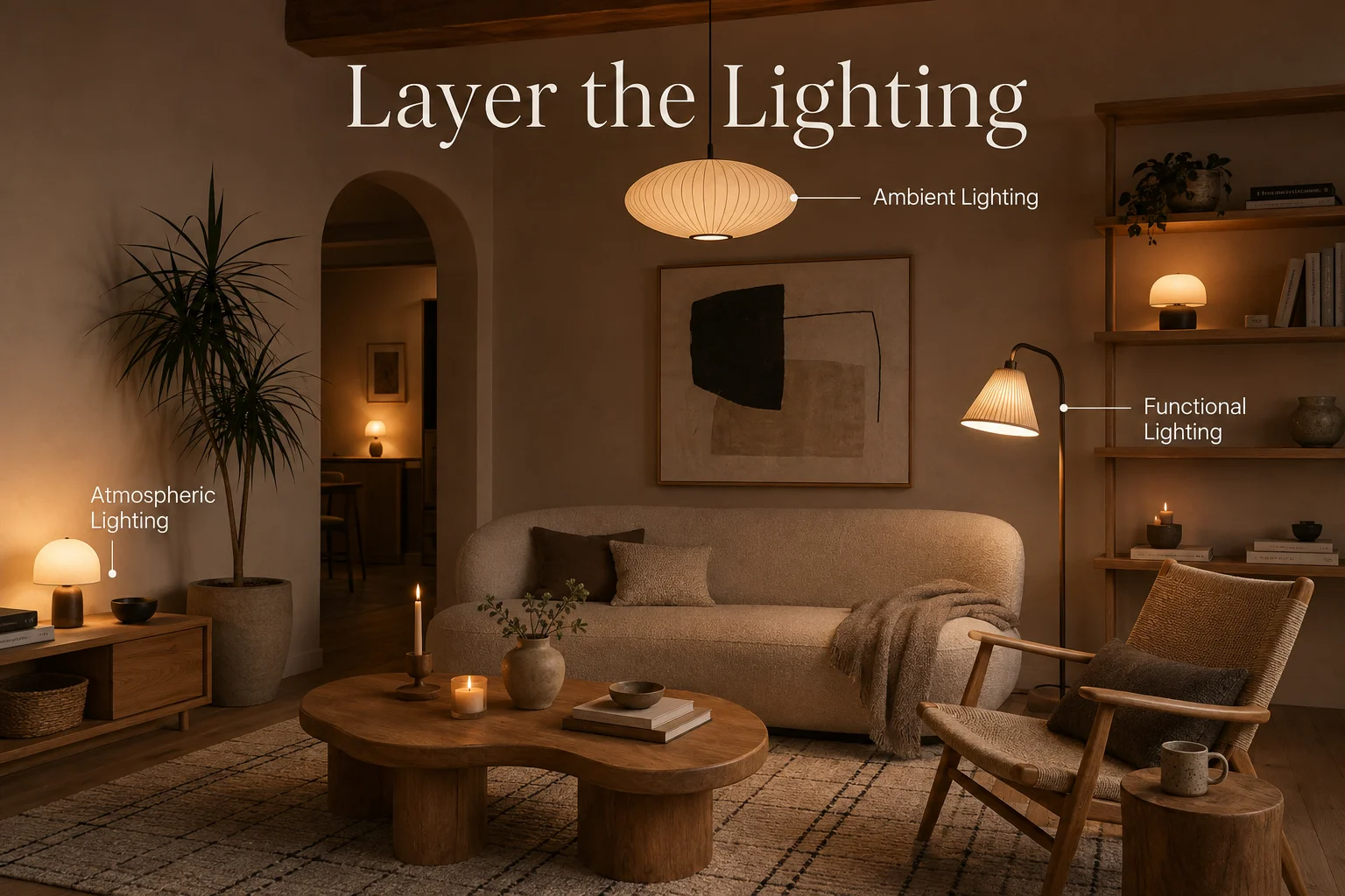 Scandinavian living room lighting guide showing ambient pendant light, functional floor lamp and atmospheric table lamps in a warm layered evening setting