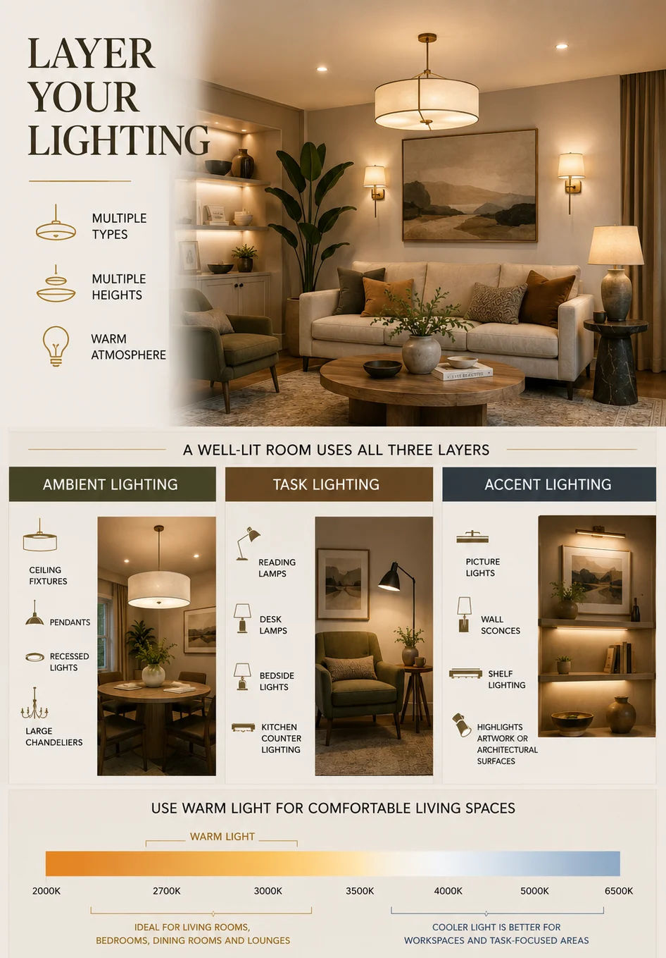 Interior lighting infographic showing ambient, task and accent lighting, warm 2700K to 3000K light, and layered lighting examples for a comfortable living room