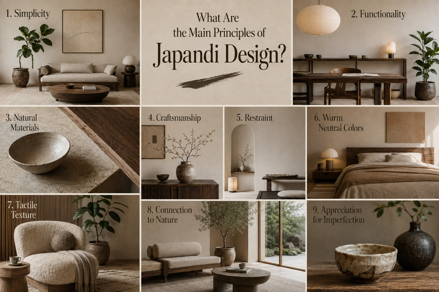 Japandi design principles collage showing simplicity, functionality, natural materials, craftsmanship, restraint, warm neutral colors, tactile texture, nature and imperfection