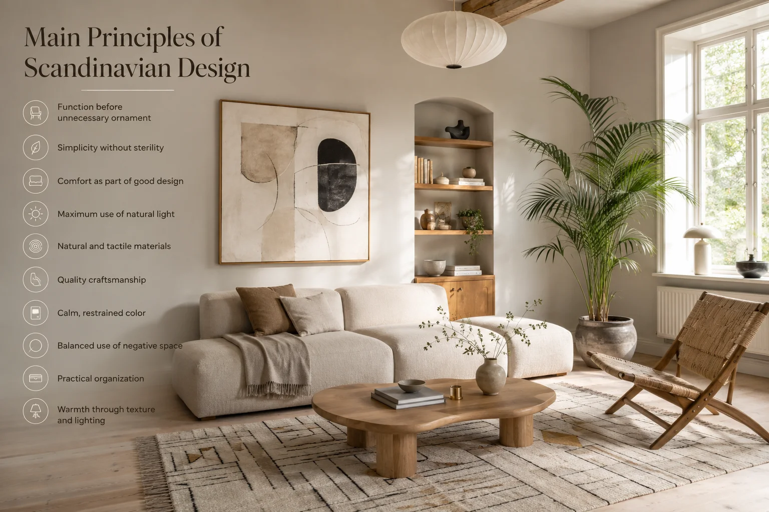 Main principles of Scandinavian design shown in a warm minimalist living room with natural materials, neutral colors, and cozy textures