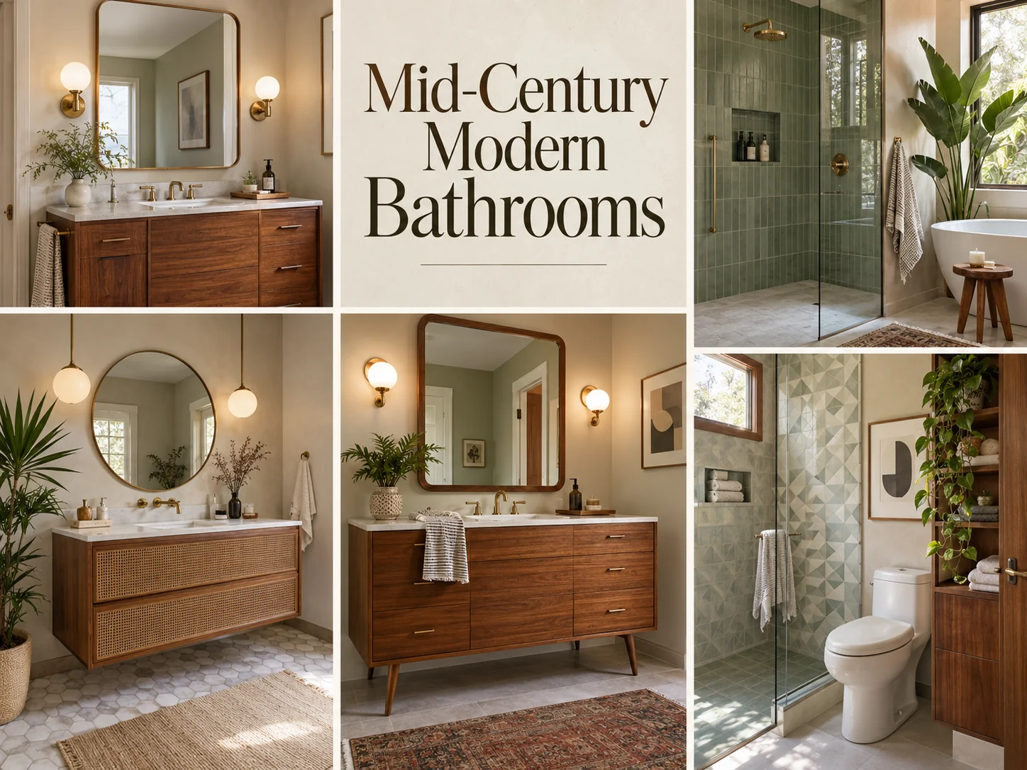 Mid-Century Modern bathroom collage with timber vanities, globe lighting, geometric tile, streamlined hardware and natural greenery