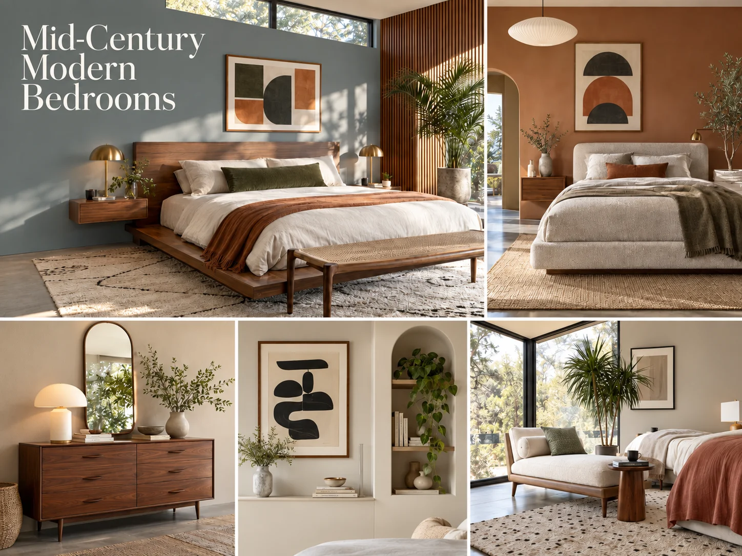 Mid-Century Modern bedroom collage with timber beds, walnut dresser, sculptural lighting, graphic artwork, natural bedding and indoor plants