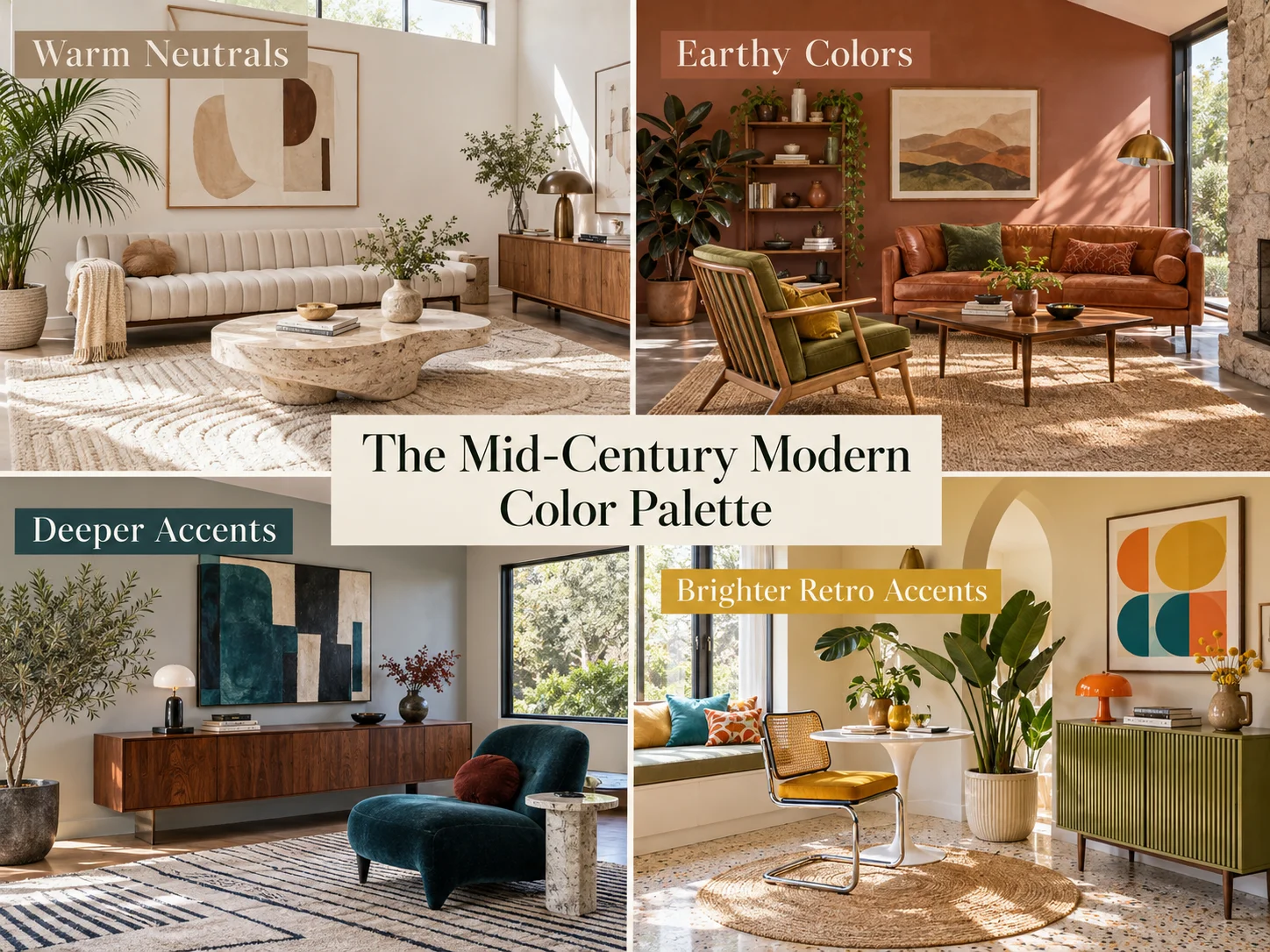 Mid-Century Modern color palette collage with warm neutrals, earthy tones, deep accents and brighter retro colors