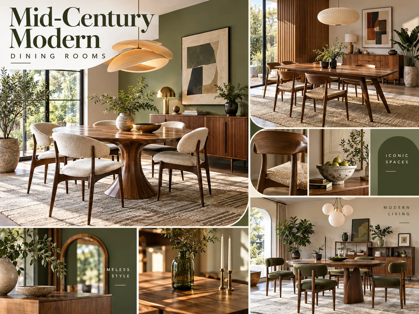 Mid-Century Modern dining room collage with timber tables, sculptural chairs, statement pendant lighting, sideboards and natural greenery