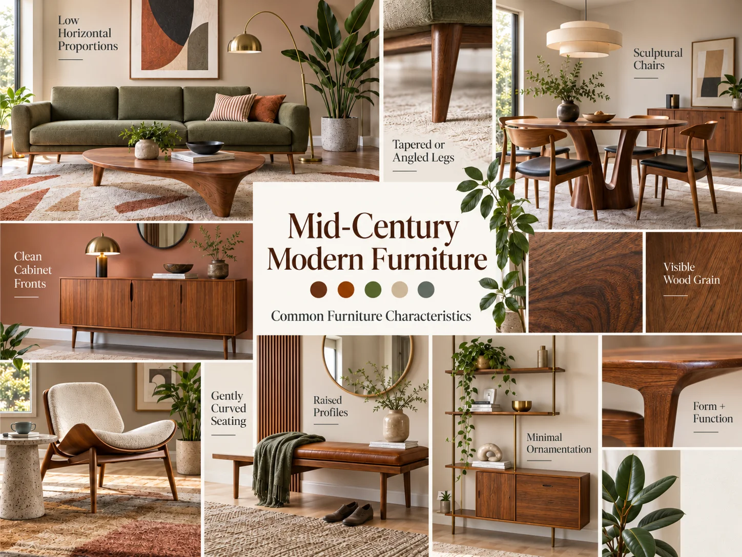Mid-Century Modern furniture collage showing tapered legs, low profiles, clean cabinet fronts, curved seating, visible wood grain and sculptural chairs