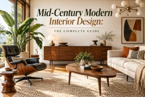 Mid-Century Modern interior design living room with walnut furniture, sculptural lighting, neutral upholstery and organic decor