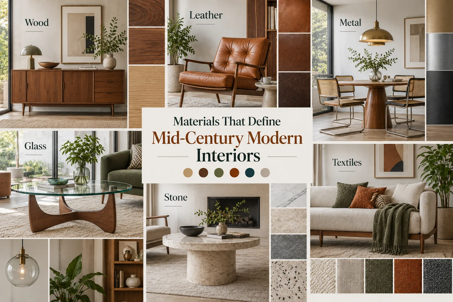 Mid-Century Modern interior materials collage featuring wood, leather, metal, glass, stone and textured fabrics