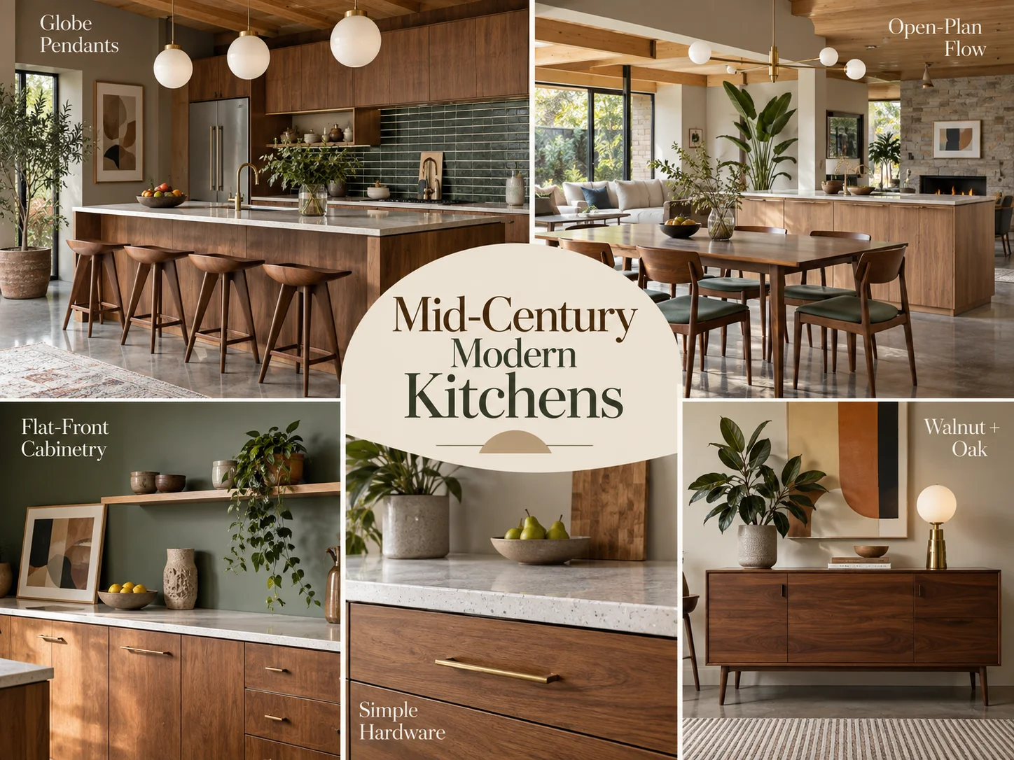 Mid-Century Modern kitchen collage with flat-front wood cabinetry, globe pendants, simple hardware, walnut and oak finishes, and open-plan dining