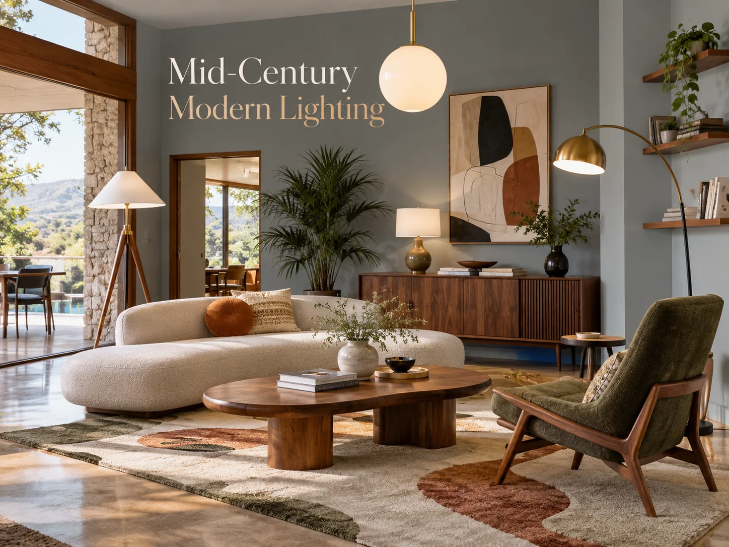 Mid-Century Modern lighting in a bright living room with globe pendant, arc floor lamp, tripod lamp and table lamp