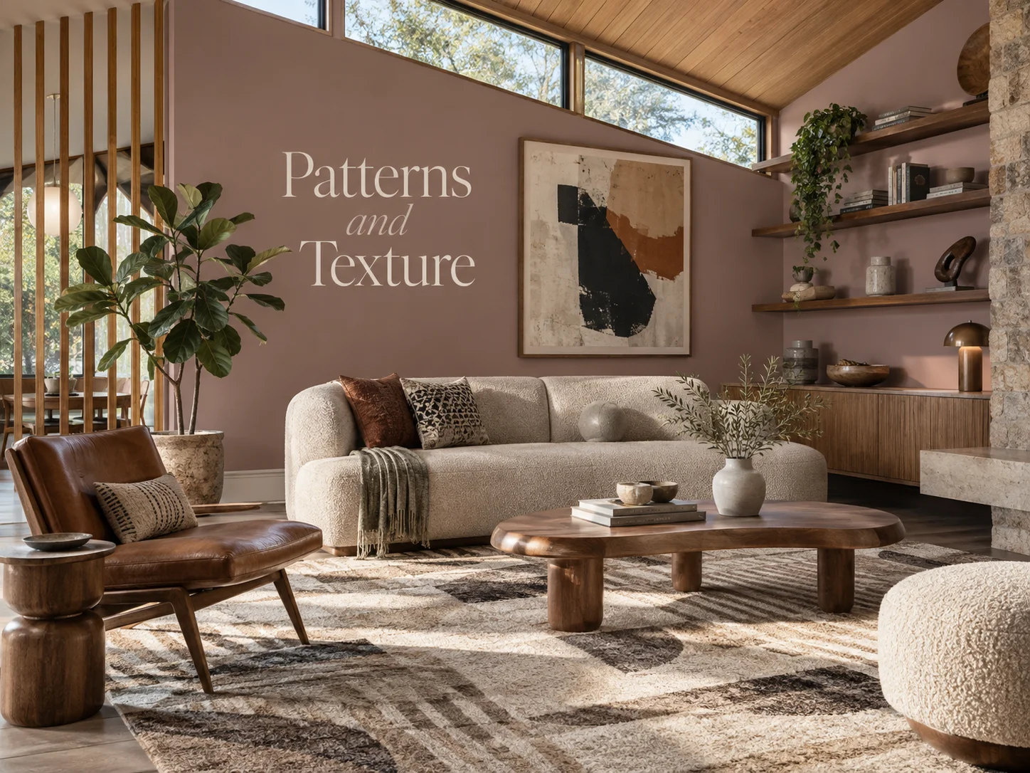 Mid-Century Modern living room with geometric rug, textured upholstery, leather chair, wood grain, ceramics and layered natural materials