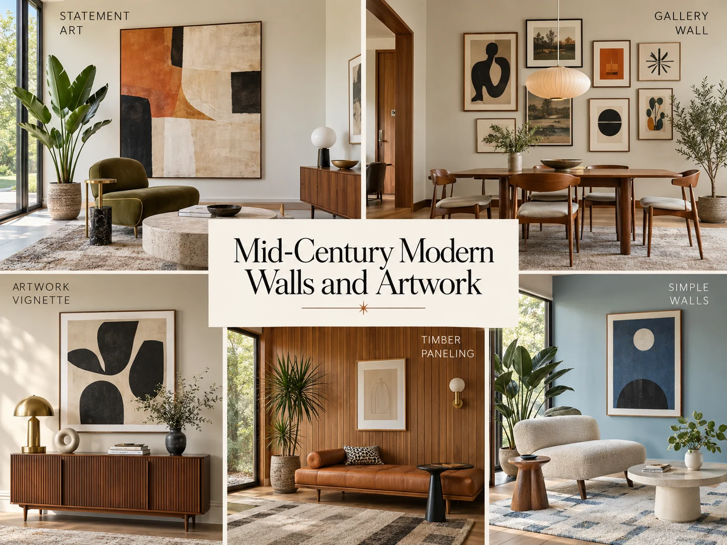 Mid-Century Modern walls and artwork collage with statement art, gallery wall, timber paneling and simple painted walls
