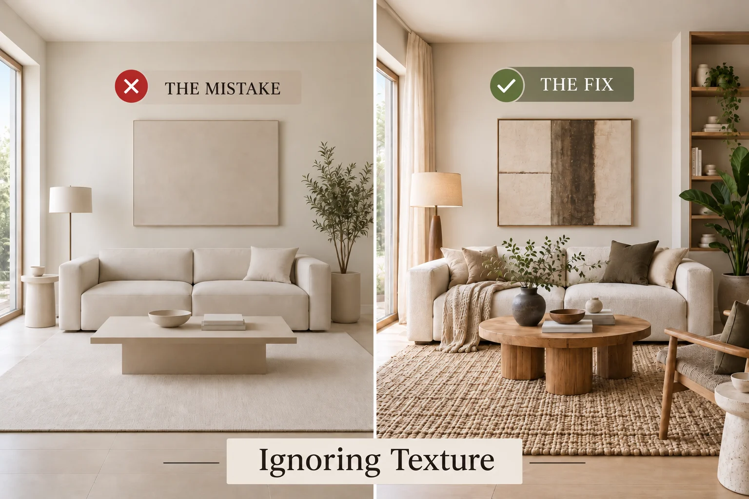  Japandi decorating mistake showing a flat living room with minimal texture compared with a layered space using wood, woven textiles, ceramics and natural materials