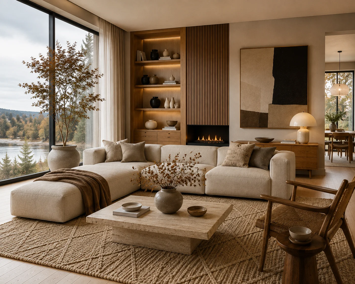 Modern luxury Scandinavian living room with cream sectional sofa, travertine coffee table, wool rug, oak shelving and fireplace