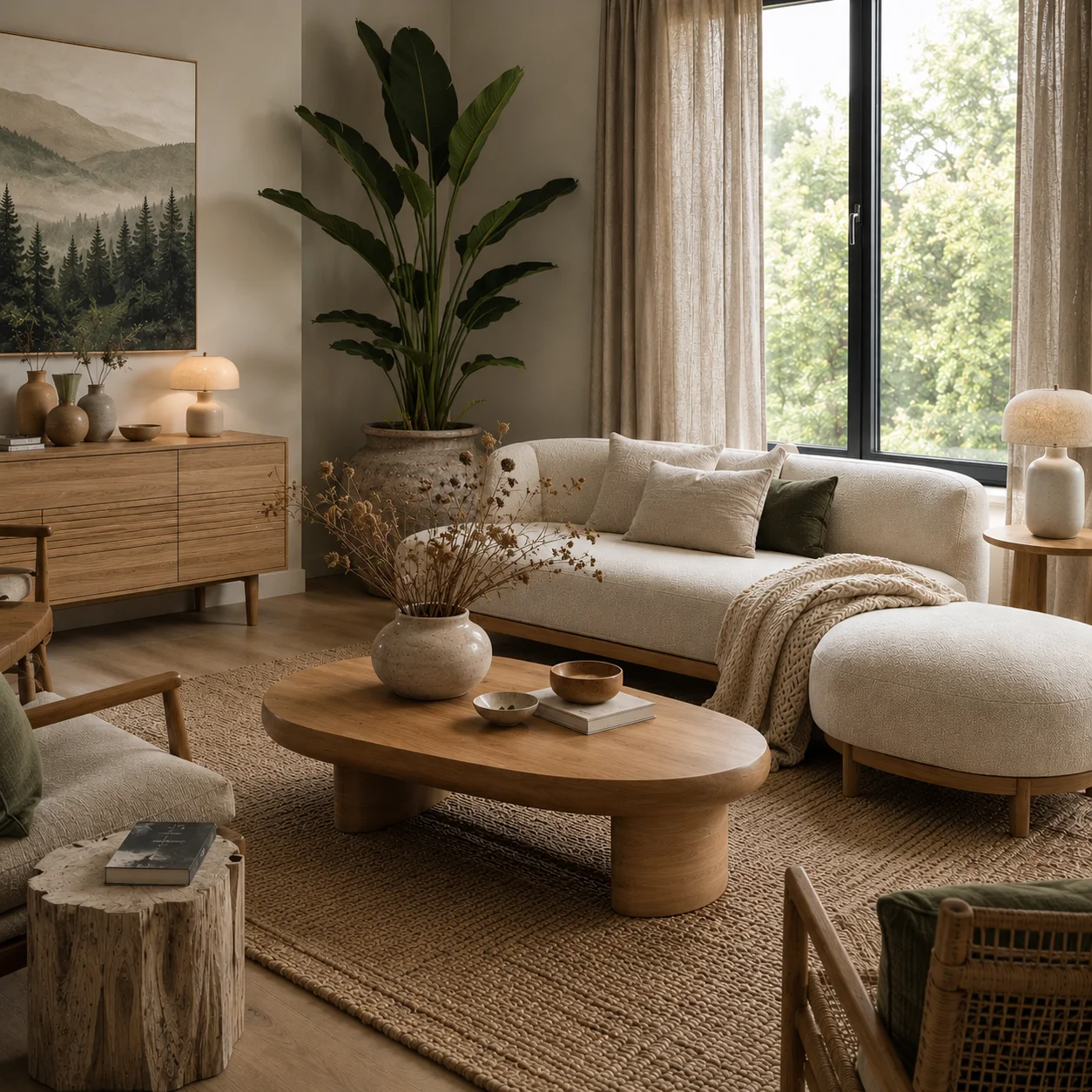 Nature-inspired Scandinavian living room with oak furniture, linen sofa, woven rug, dried botanicals and large indoor plant