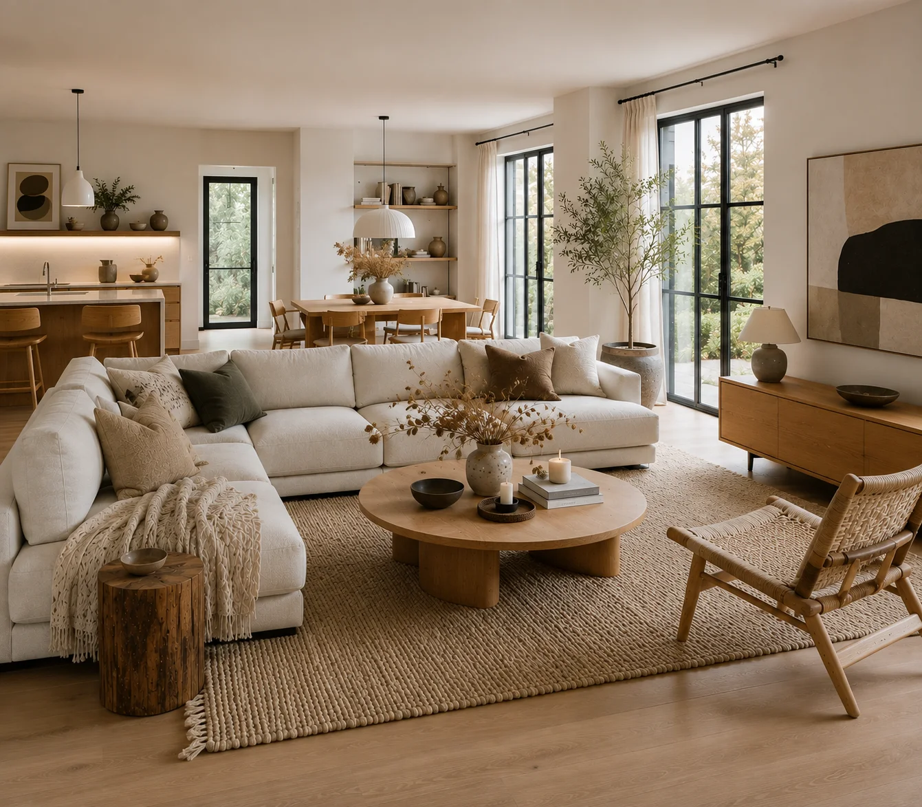 Open-concept Scandinavian living room with cream sectional sofa, oak furniture, woven rug, dining area and natural light