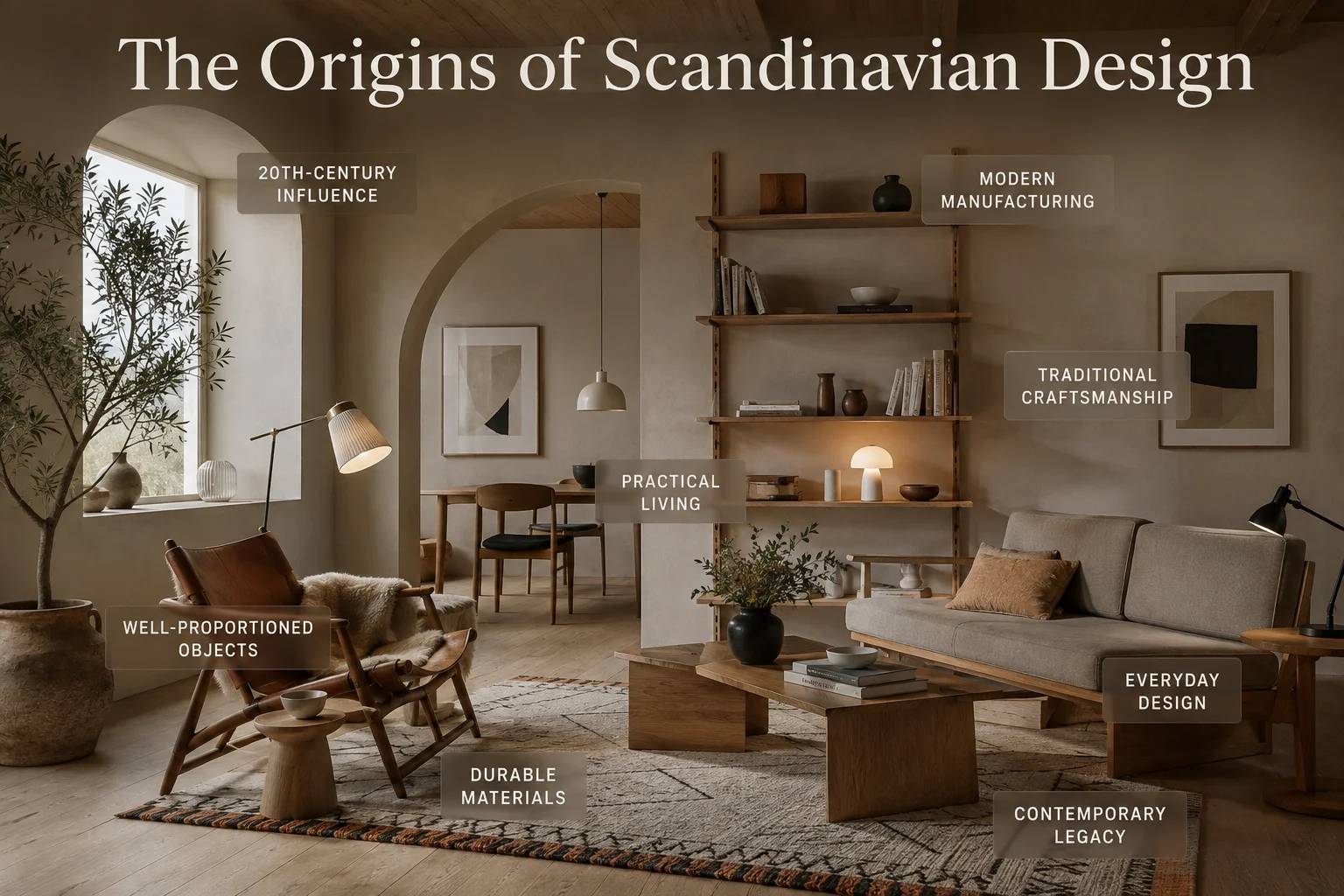 Origins of Scandinavian design featuring twentieth-century influence, modern manufacturing, traditional craftsmanship, practical living and durable natural materials