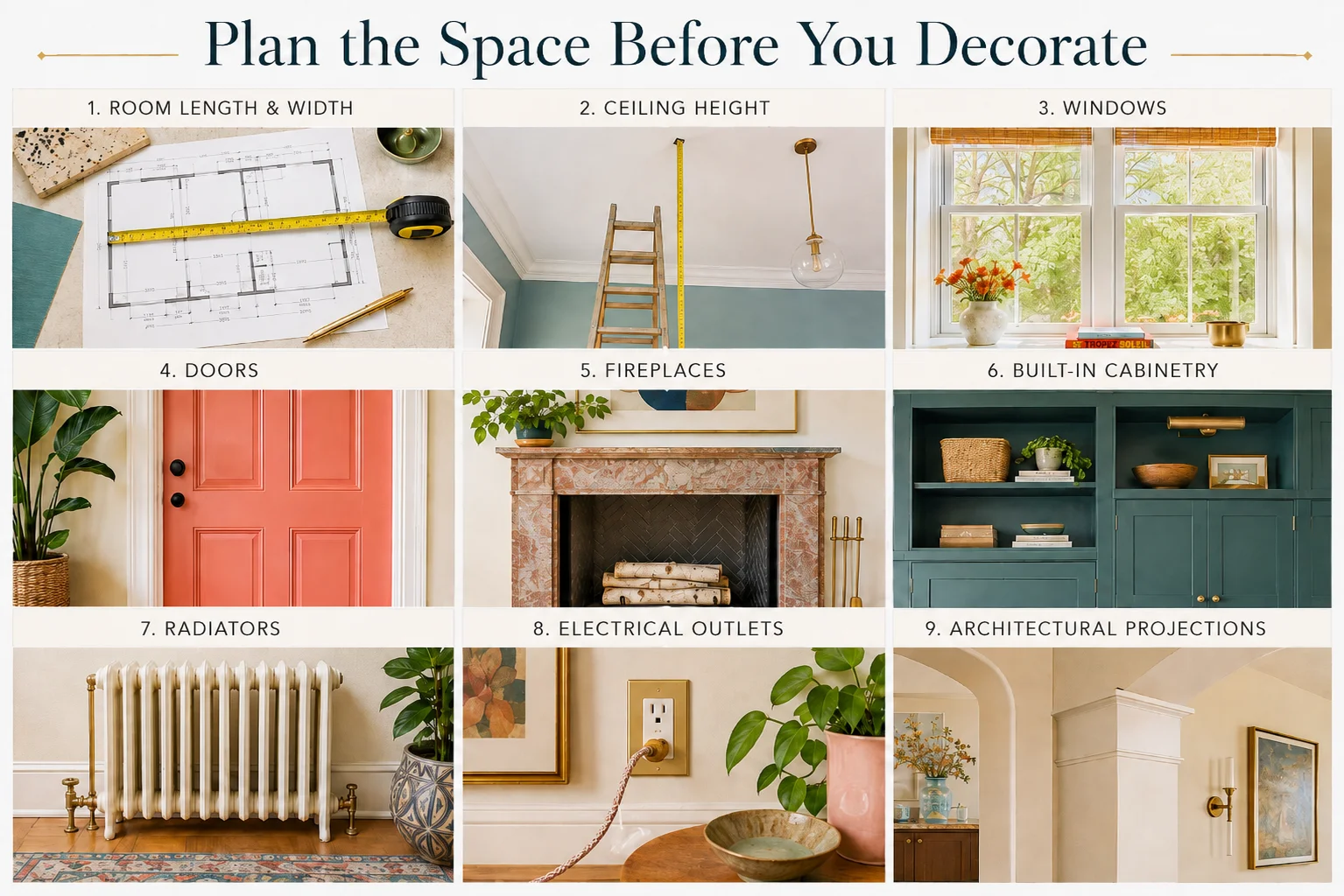 Space planning infographic showing room measurements and key architectural elements to measure before decorating, including room size, ceiling height, windows, doors, fireplaces, built-in cabinetry, radiators, electrical outlets and architectural projections