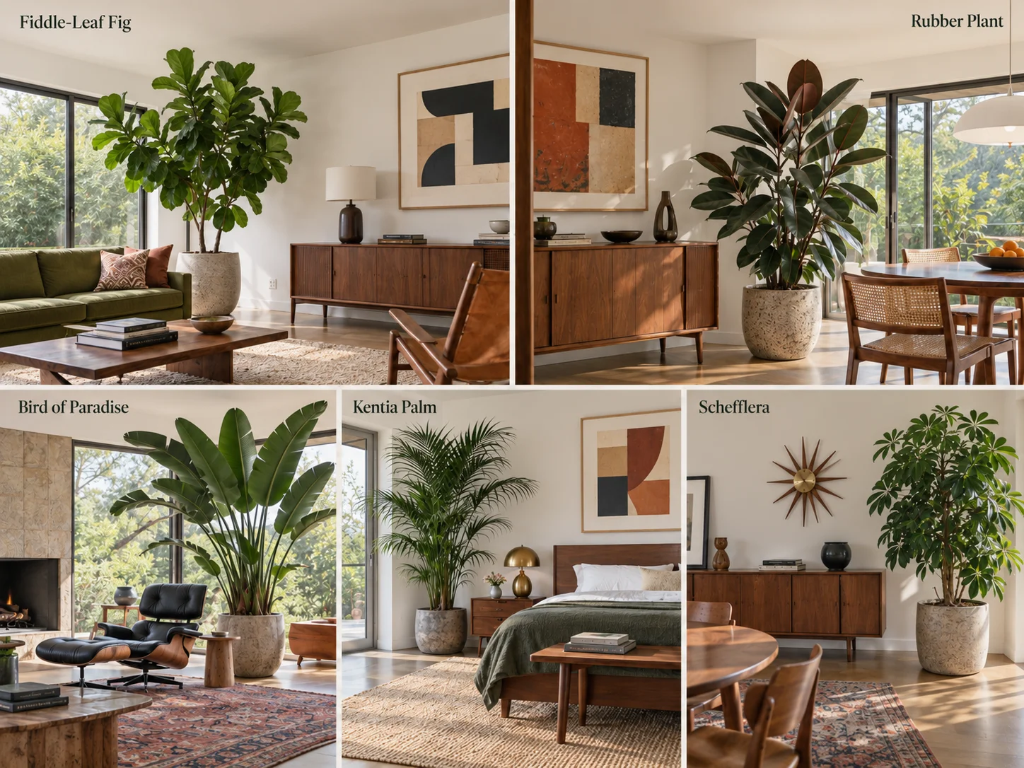 Mid-Century Modern interiors with fiddle-leaf fig, rubber plant, bird of paradise, Kentia palm and Schefflera