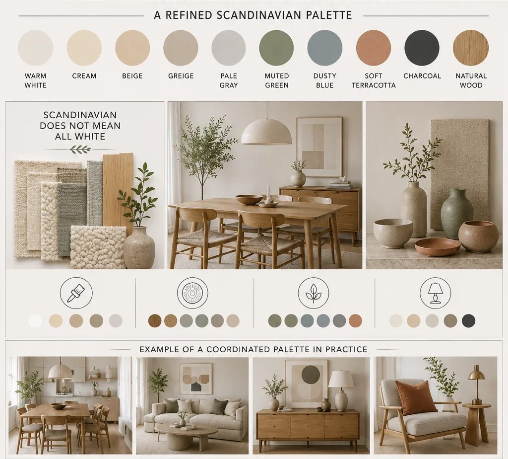 Scandinavian color palette infographic showing warm white, cream, beige, greige, pale gray, muted green, dusty blue, terracotta, charcoal and natural wood tones.