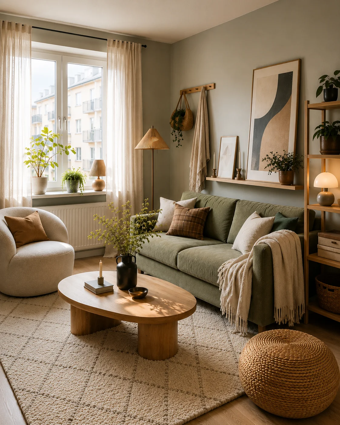 Scandinavian apartment rental makeover with sage green sofa, neutral rug, oak furniture, linen curtains and freestanding shelving