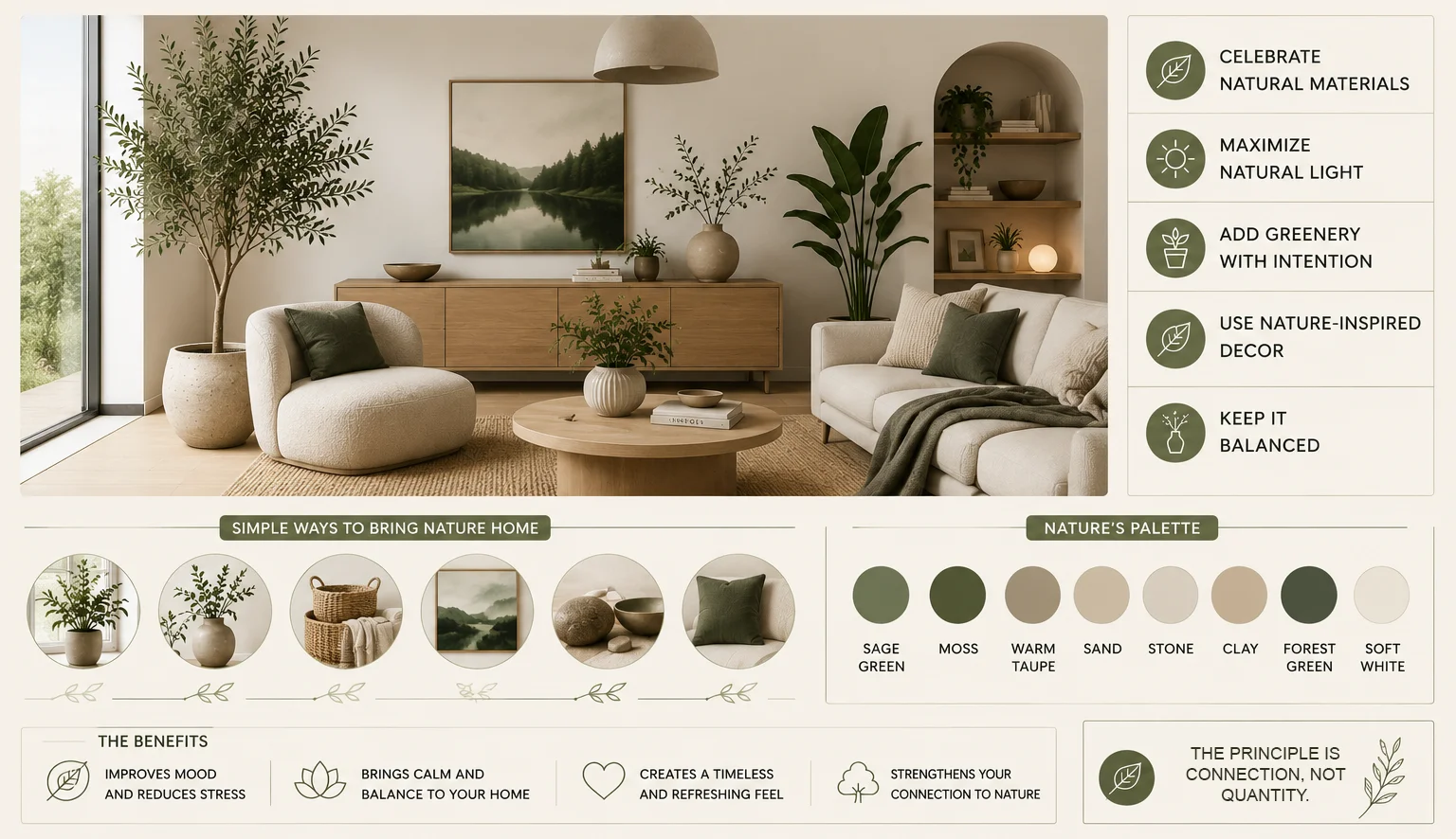Scandinavian interior design infographic showing how natural materials, daylight, greenery, nature-inspired decor and earthy colors bring nature into the home.