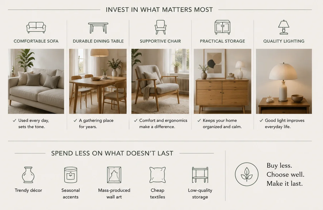 Scandinavian design infographic showing why choosing fewer, better-quality furniture pieces supports comfort, function, durability and a calm interior.