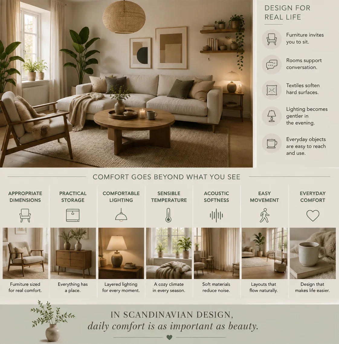 Scandinavian design infographic showing how comfortable furniture, practical storage, soft lighting, textiles and easy movement make everyday life more comfortable.
