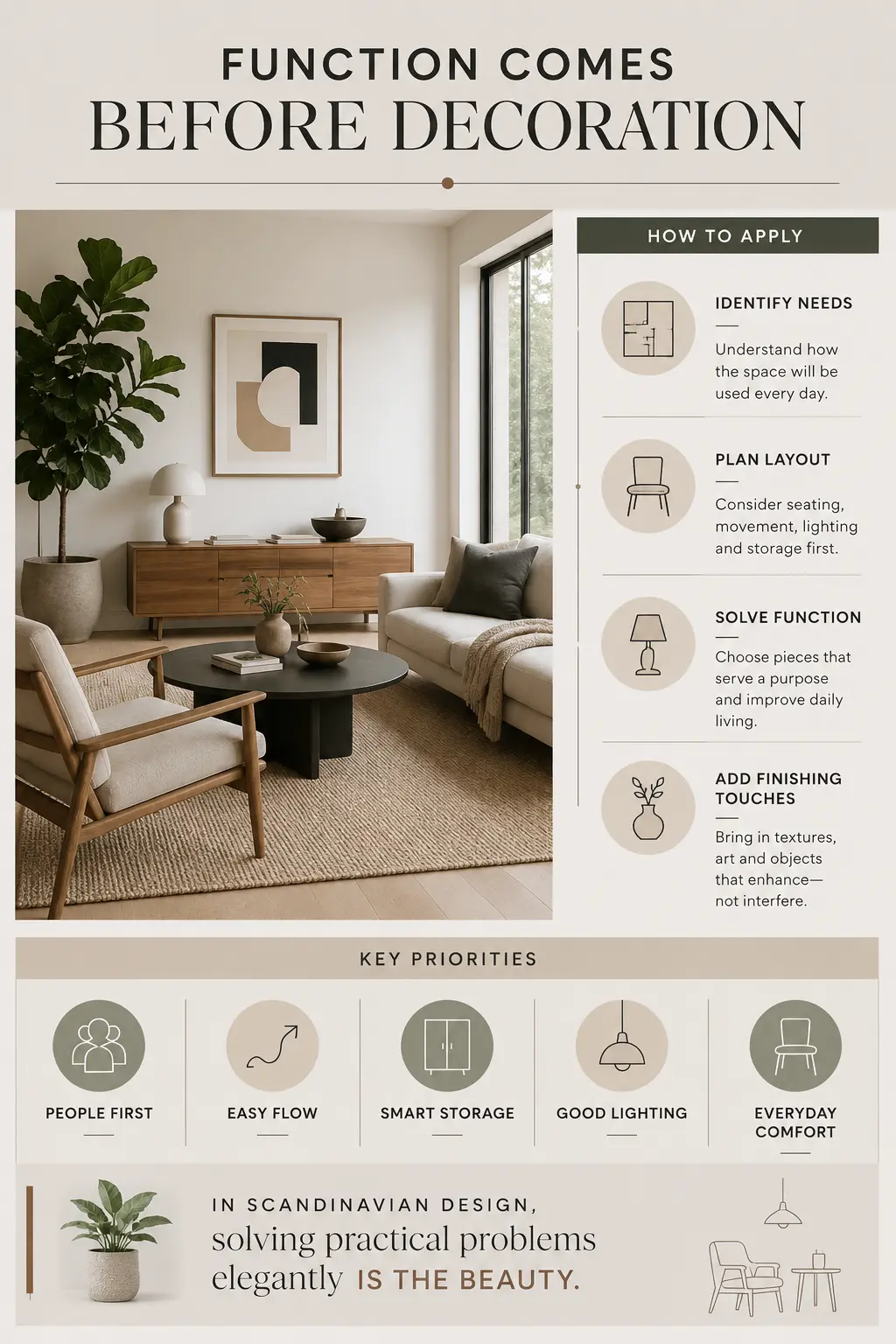 Scandinavian design infographic explaining why function comes before decoration, with practical layout, storage, lighting and comfort principles.
