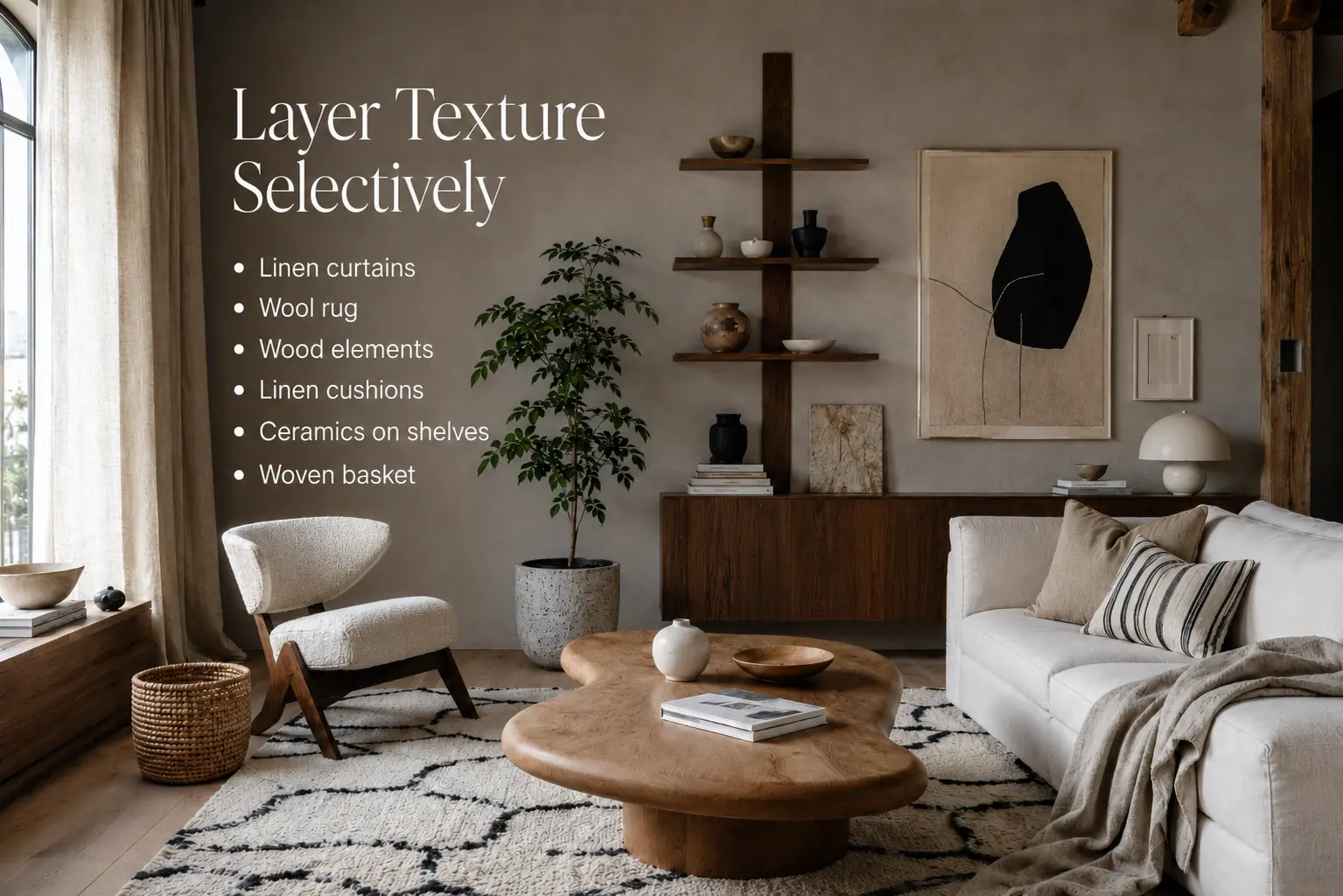Scandinavian living room showing selective texture layering with linen curtains, wool rug, wood furniture, linen cushions, ceramics and a woven basket.
