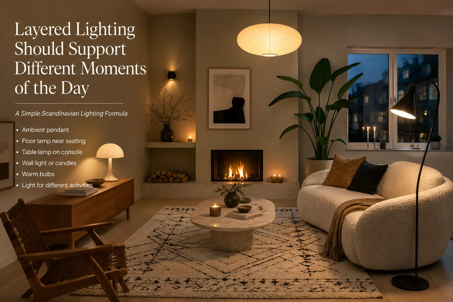 Scandinavian living room showing layered lighting with a pendant light, floor lamp, table lamp, wall light and candles creating a warm evening atmosphere.