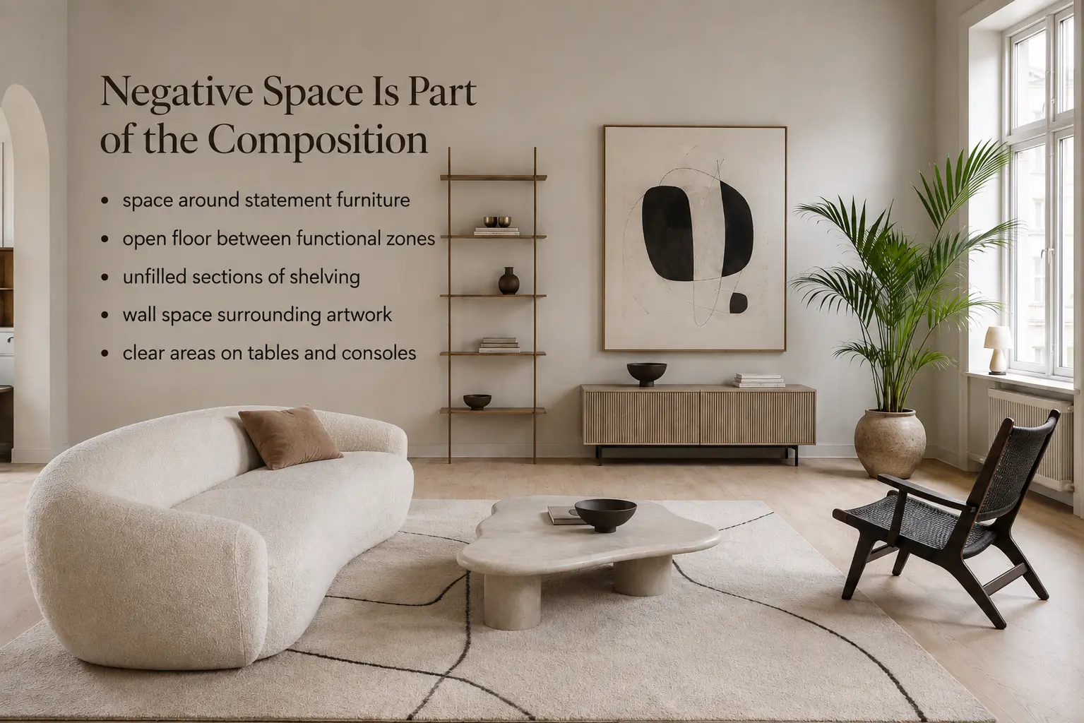Scandinavian living room demonstrating negative space with open floor areas, uncluttered shelving, clear surfaces and generous space around furniture and artwork.