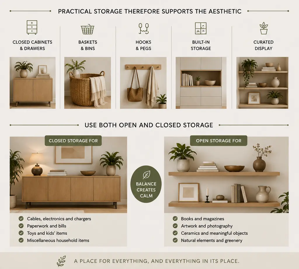 Scandinavian organization infographic showing how closed cabinets, baskets, hooks, built-in storage and curated open shelving reduce visual noise.