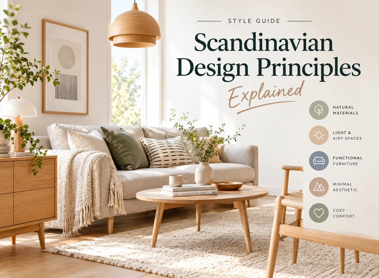 Scandinavian living room showcasing natural materials, functional furniture, minimal design, and cozy comfort