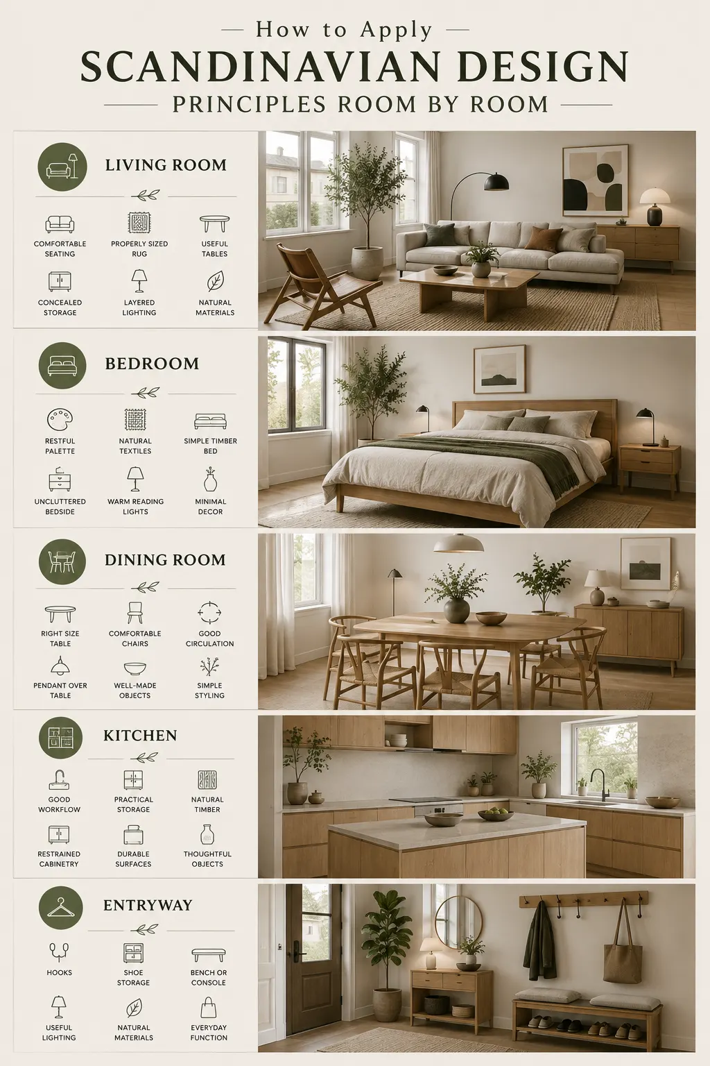 Scandinavian design infographic showing how to apply Scandinavian interior design principles in the living room, bedroom, dining room, kitchen and entryway.