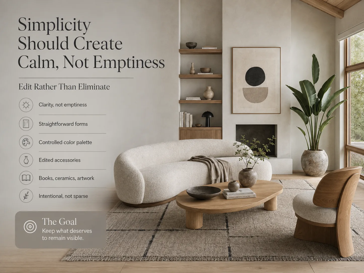 Scandinavian living room with calm minimalist decor, natural wood, neutral colors, curated accessories, and a focus on intentional simplicity