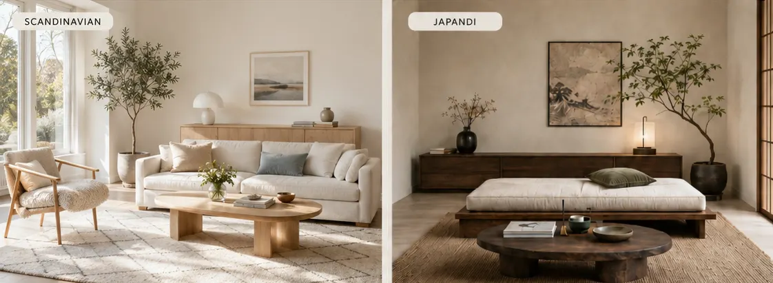 Scandinavian design comparison infographic showing Scandinavian vs Japandi interiors