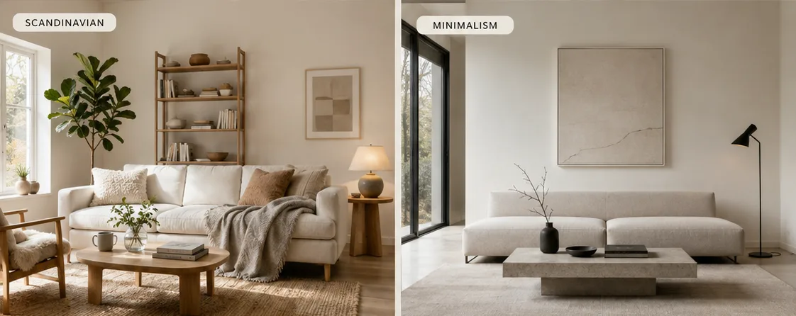 Scandinavian design comparison infographic showing Scandinavian vs Minimalism