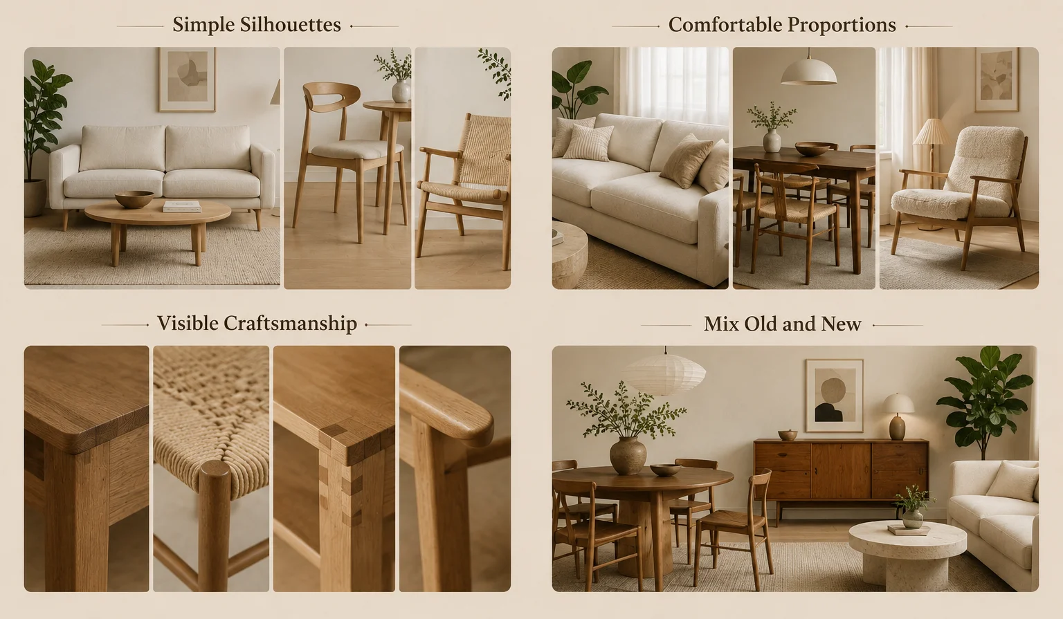 Scandinavian furniture guide showing simple silhouettes, comfortable proportions, visible craftsmanship and a mix of modern and vintage pieces