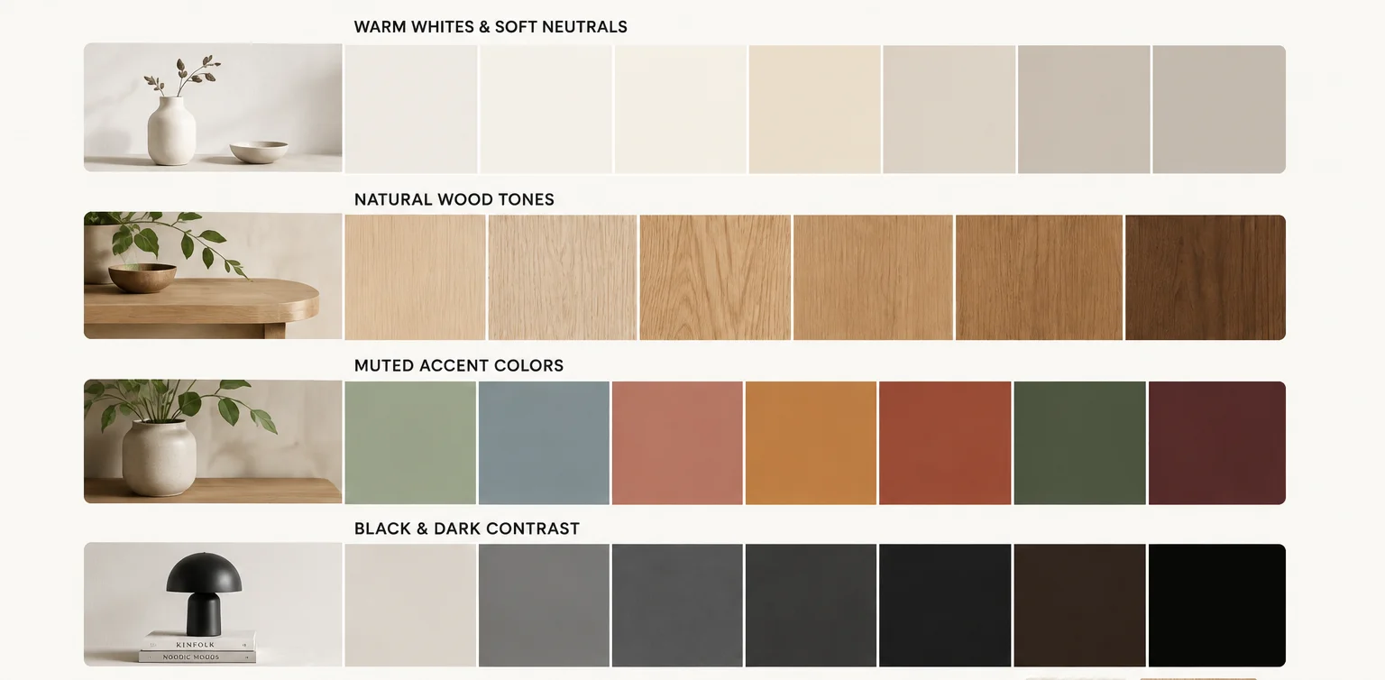 Scandinavian interior design color palette with warm whites, natural wood tones, muted accent colors and dark contrast shades