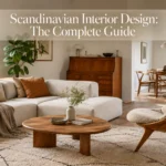 Scandinavian interior design living room with warm wood furniture, neutral textiles, natural materials and cozy Nordic styling