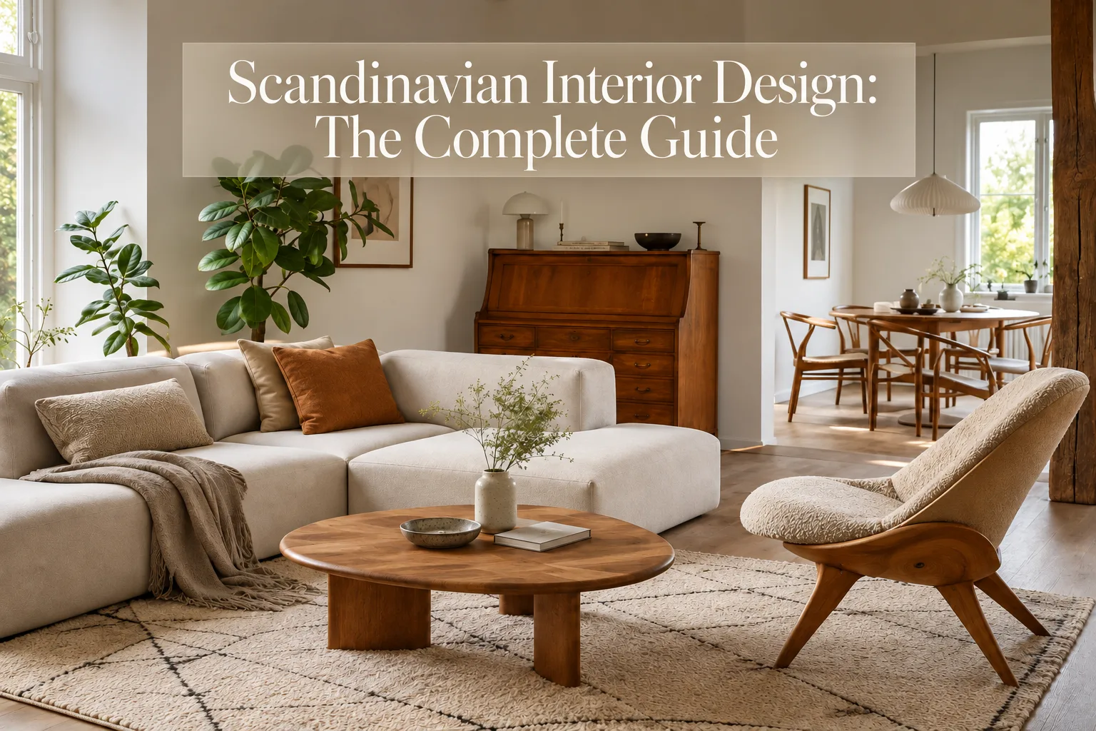 Scandinavian interior design living room with warm wood furniture, neutral textiles, natural materials and cozy Nordic styling