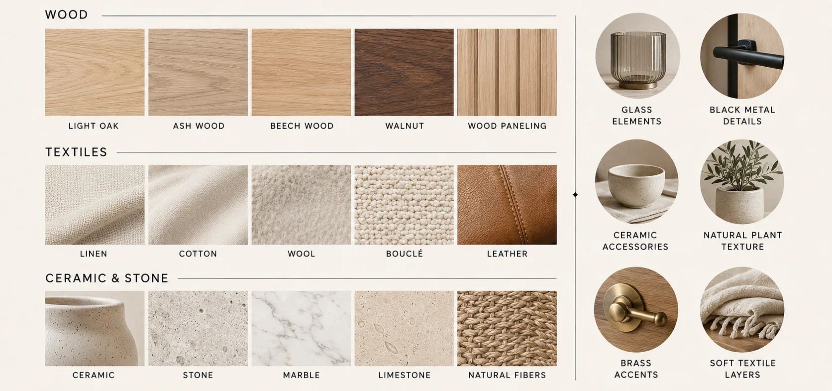 Scandinavian interior design materials and textures featuring light oak, ash, beech, walnut, linen, cotton, wool, leather, ceramic, stone and natural fibers