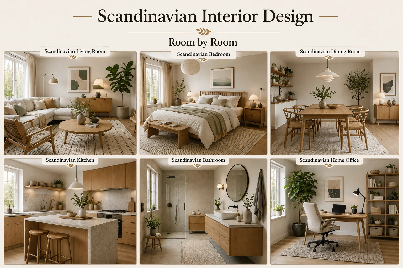 Scandinavian interior design room-by-room guide featuring living room, bedroom, dining room, kitchen, bathroom and home office