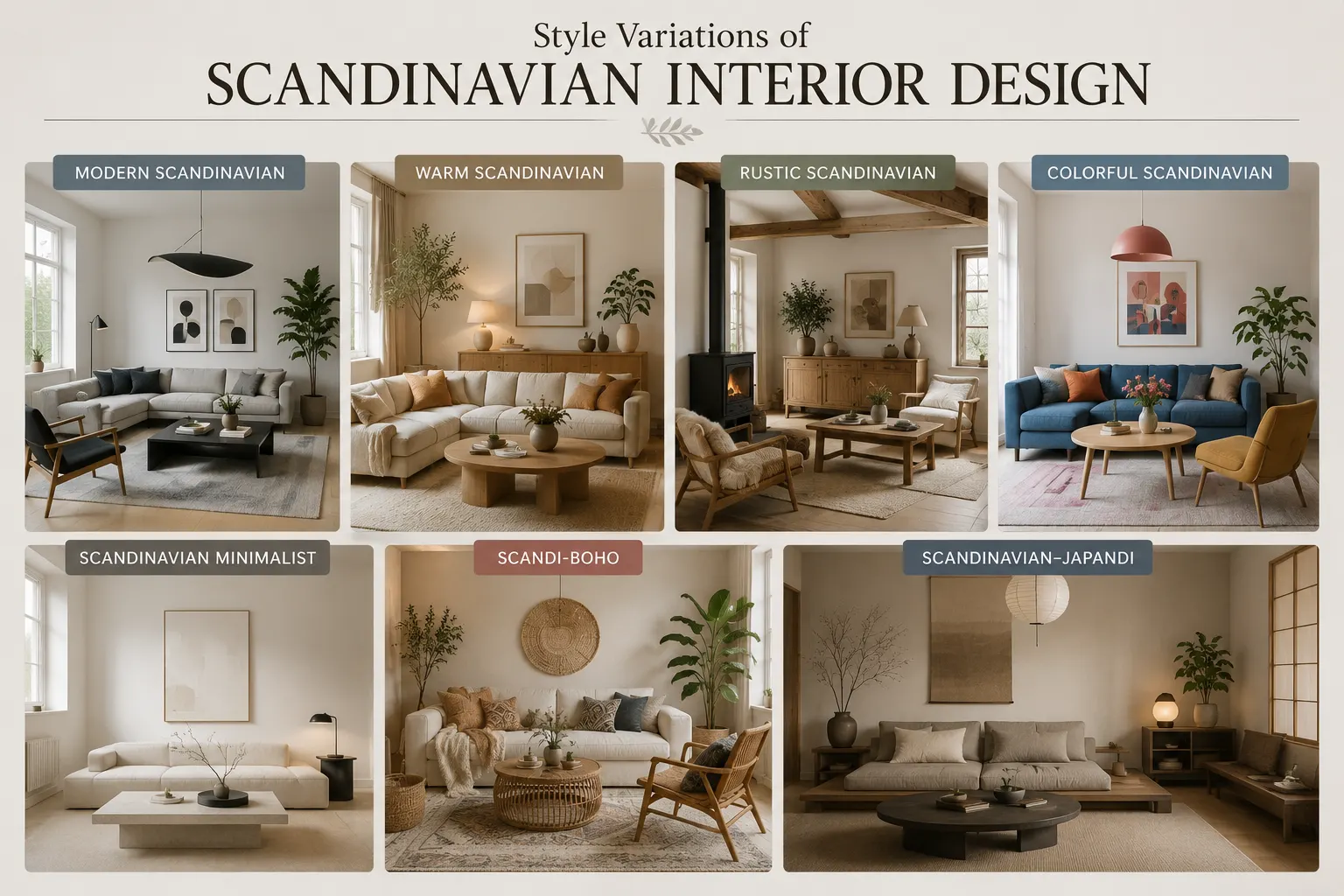 Scandinavian interior design style variations including modern, warm, rustic, colorful, minimalist, Scandi-boho and Scandinavian-Japandi interiors